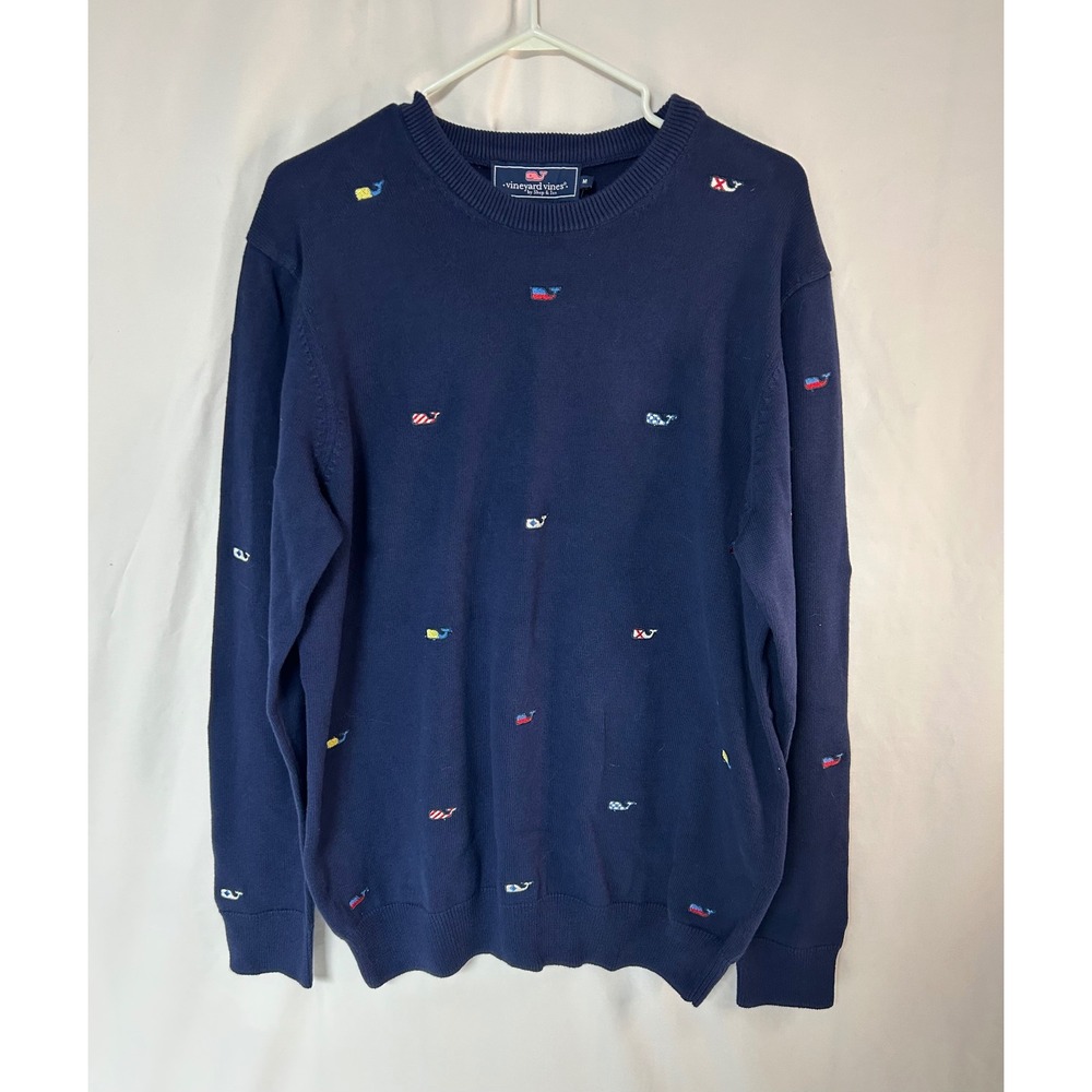 NWT Vineyard Vines Burgee Flag Whale Embroidered Crew Neck Sweater Navy Blue Med